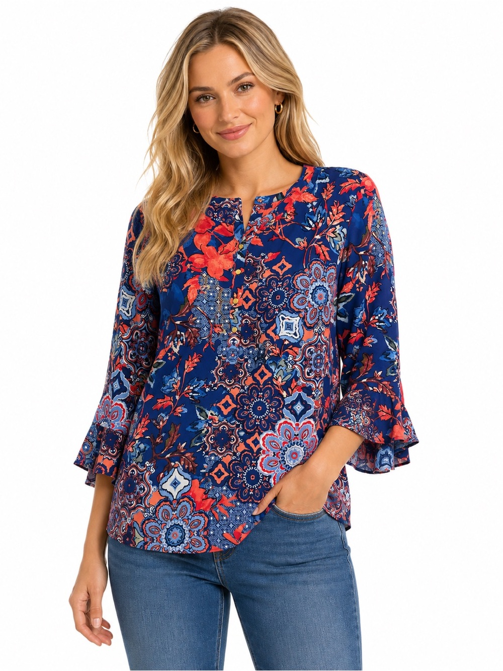 Rafaella Navy & Coral Floral Split-Neck Tunic -1022